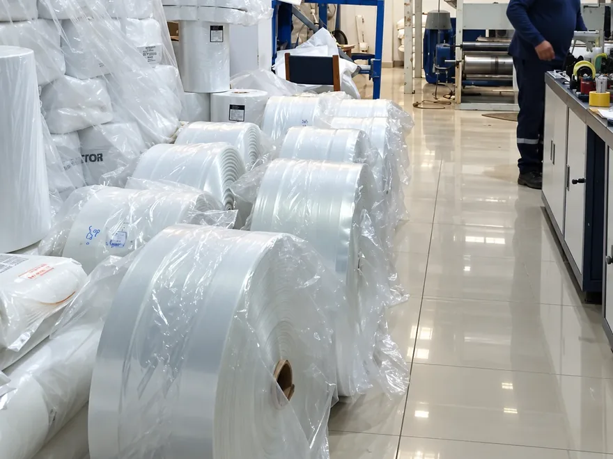 Almacén de bobinas de film de polietileno transparente en la fábrica