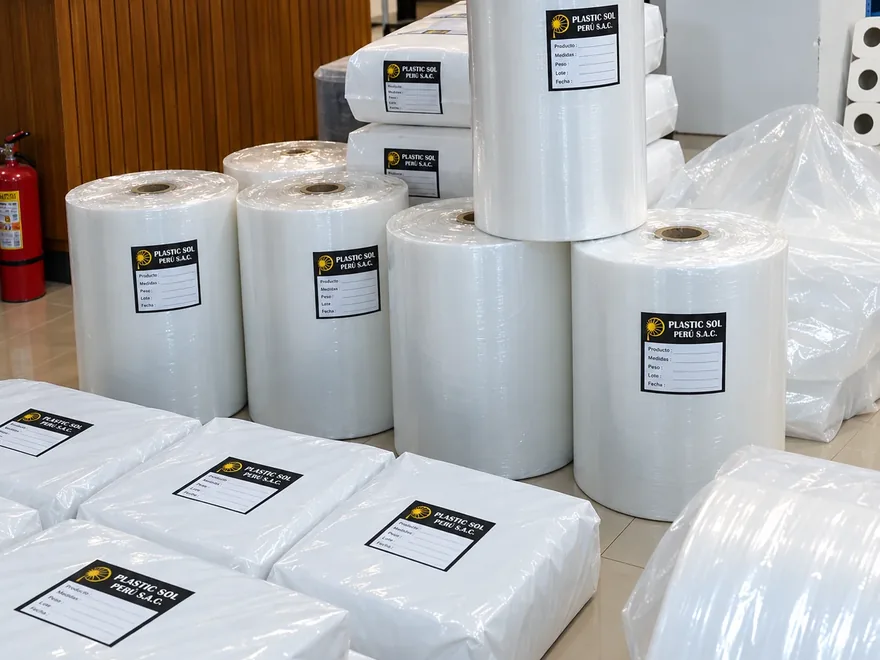 Bobinas de film y paquetes de bolsas de polietileno etiquetados en el almacén de la fábrica