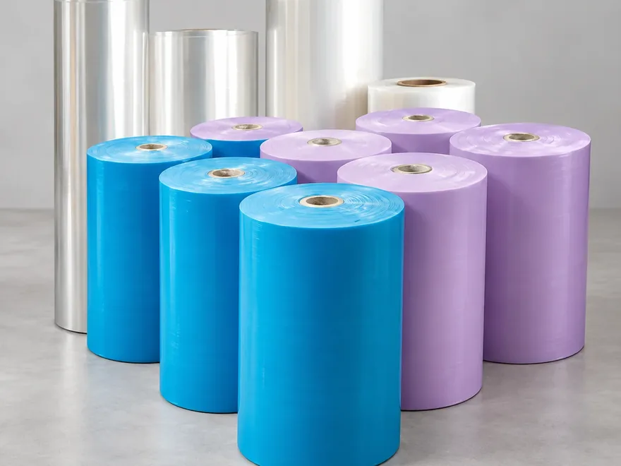 Bobinas de film de polietileno en colores azul, lila y transparente para fabricar bolsas