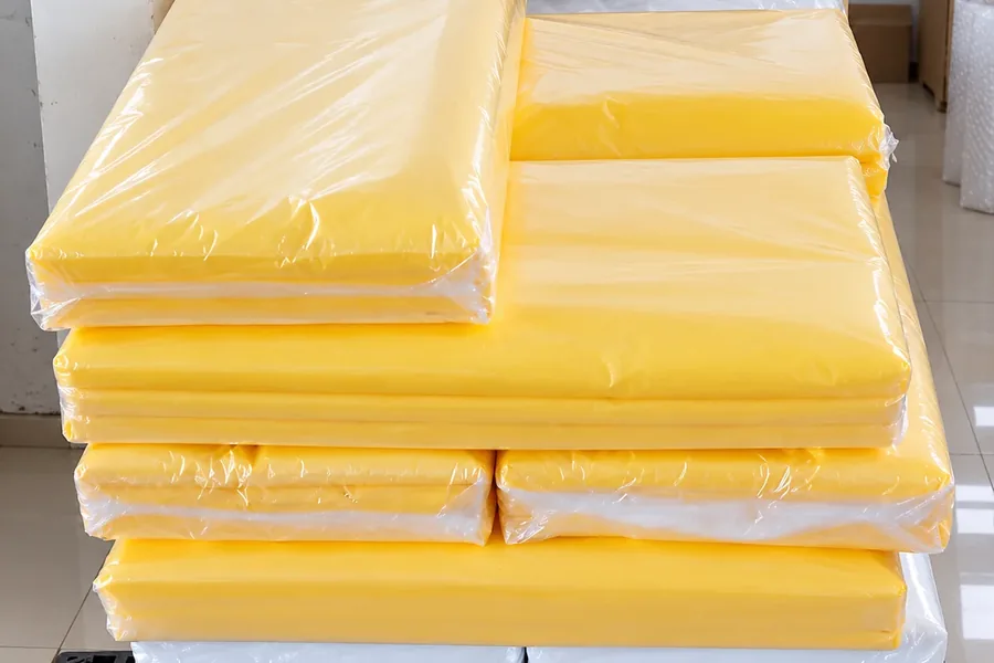 Paquetes de bolsas de polietileno de color amarillo apilados sobre una parihuela en la fábrica