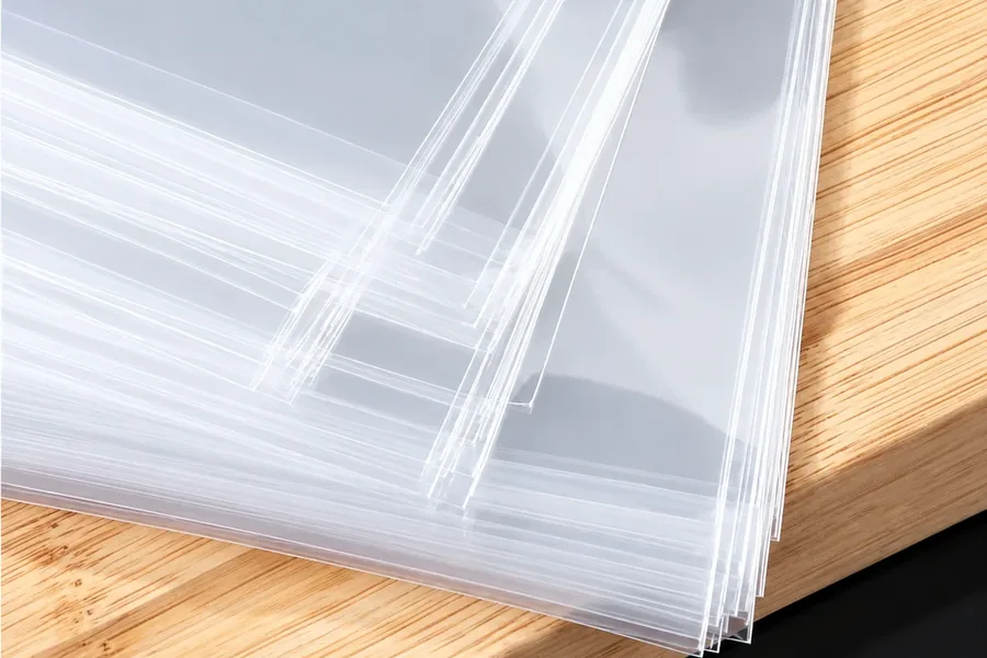 Bolsas tipo cristal de polietileno transparente apiladas sobre madera, fabricadas a medida para empresas