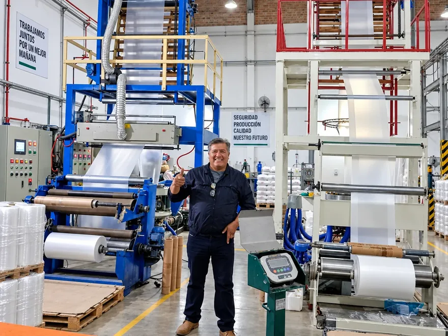 Operario junto a la extrusora de film de polietileno en la planta de Plastic Sol Perú