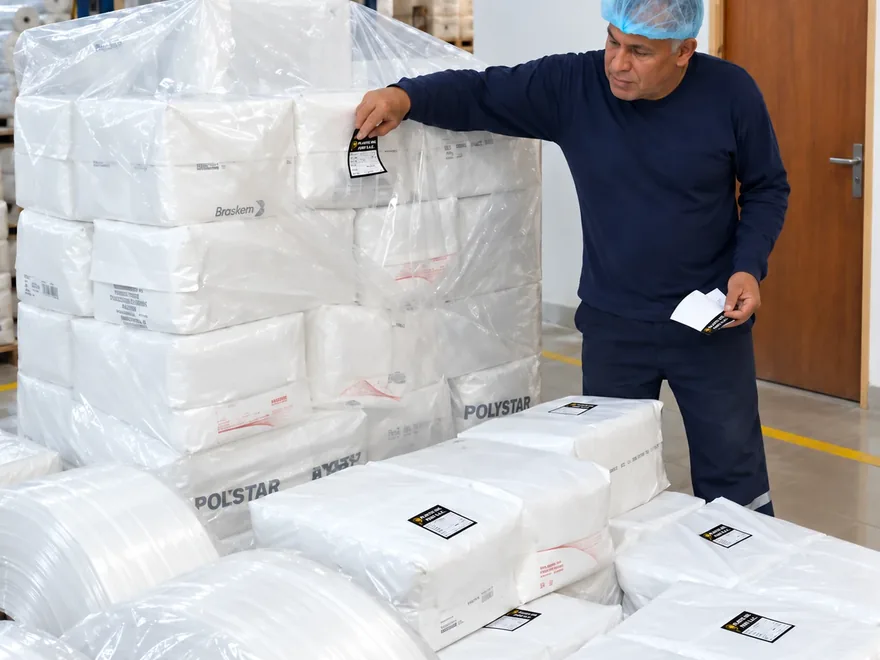 Operario revisando la etiqueta de un lote de bolsas de polietileno terminadas