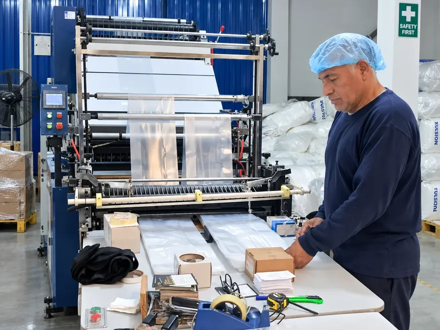 Operario controlando la máquina de bolsas de polietileno transparente en la línea de producción