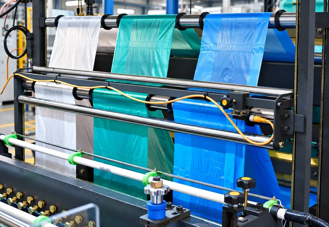 Maquinaria con film de polietileno blanco, verde y azul en la línea de producción de bolsas