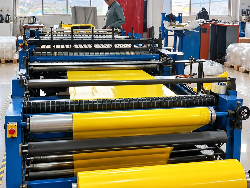 Film de polietileno amarillo pasando por los rodillos de la máquina de producción